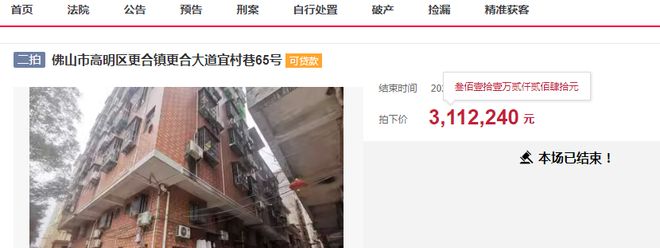 佛山市一栋1371平方米的ag凯发巨无霸私人楼拍卖被人捡漏311万就买下