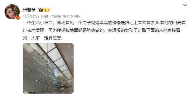 凯发国际演员张馨予称目睹男子商场偷窥女孩“楼梯和地面是玻璃做的”提醒穿短裙女孩注意隐私